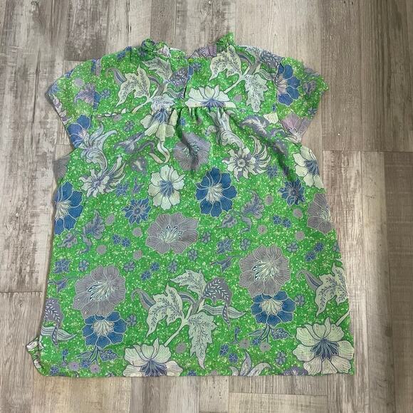 Joie Green Pleat Femme Floral Blouse Cap Sleeves Ruffle Crew Neck size XL - Picture 13 of 13